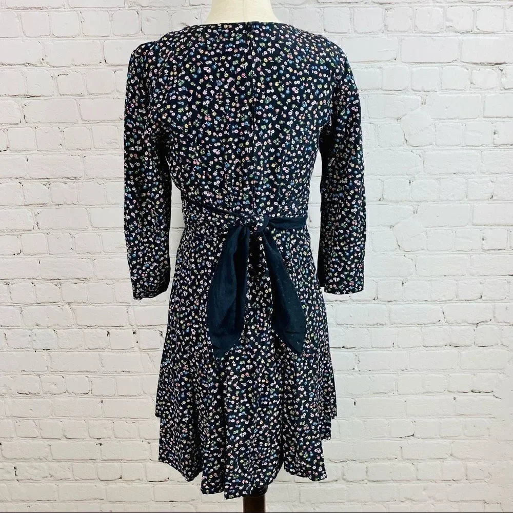 VTG 80s SL Petite Dagger Collar Navy Floral Tie Back Mini Dress Long Sleeves
